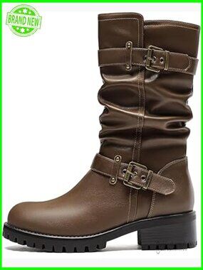 Wide Toe Box Mid Calf Motorcycle Boots with Buckles Low Chunky Heel
